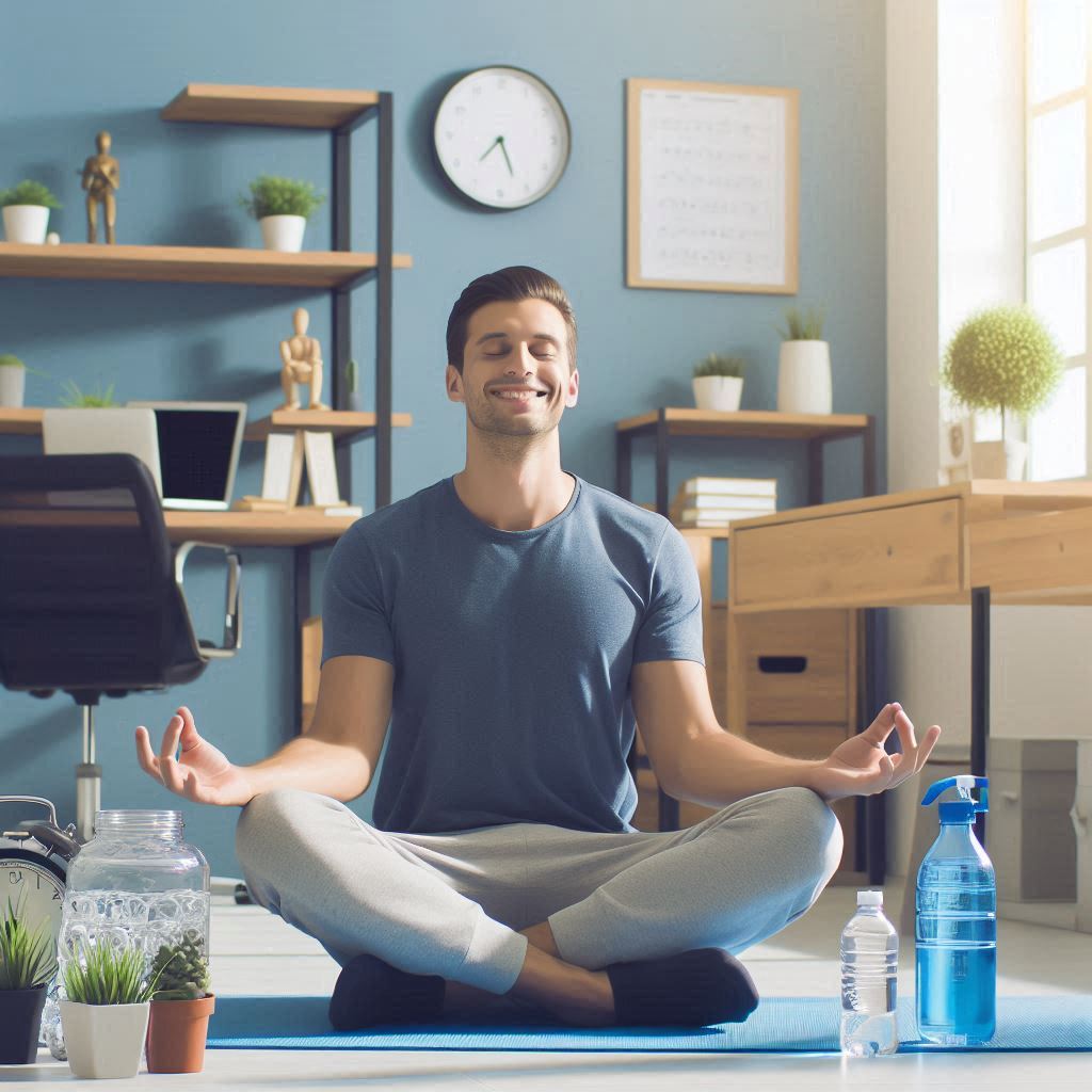 a man engaged in meaningful meditation and staying hydrated