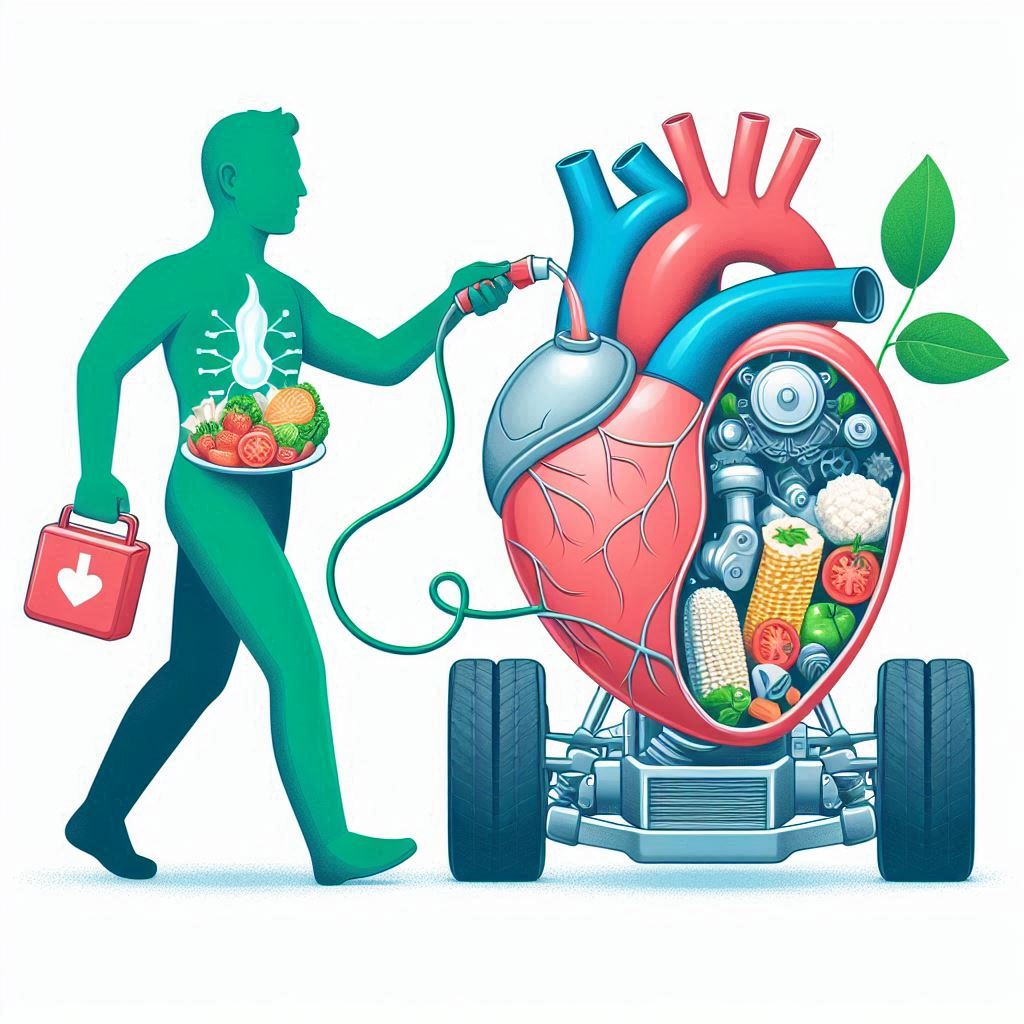 a person feeding their body healthy food, like fueling an engine.