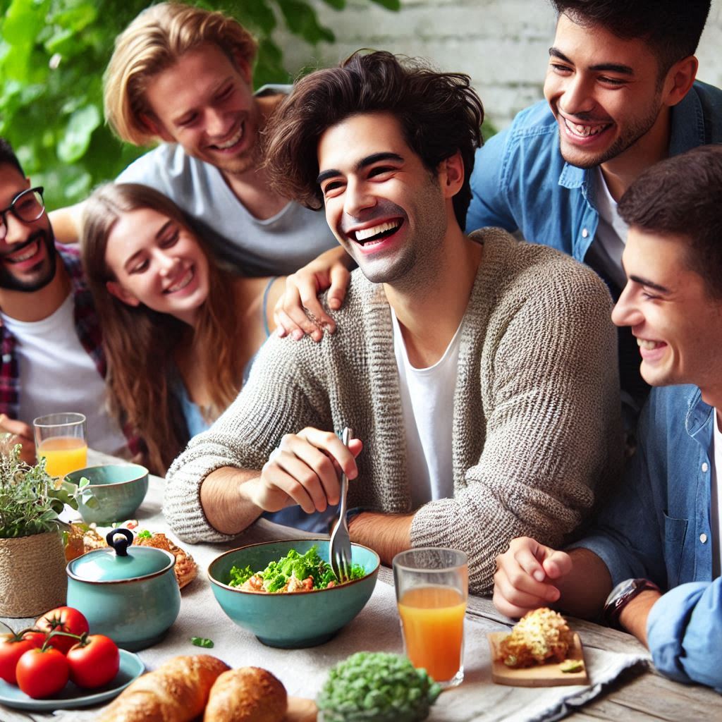 a man surrounded by friends in a wholesome setting