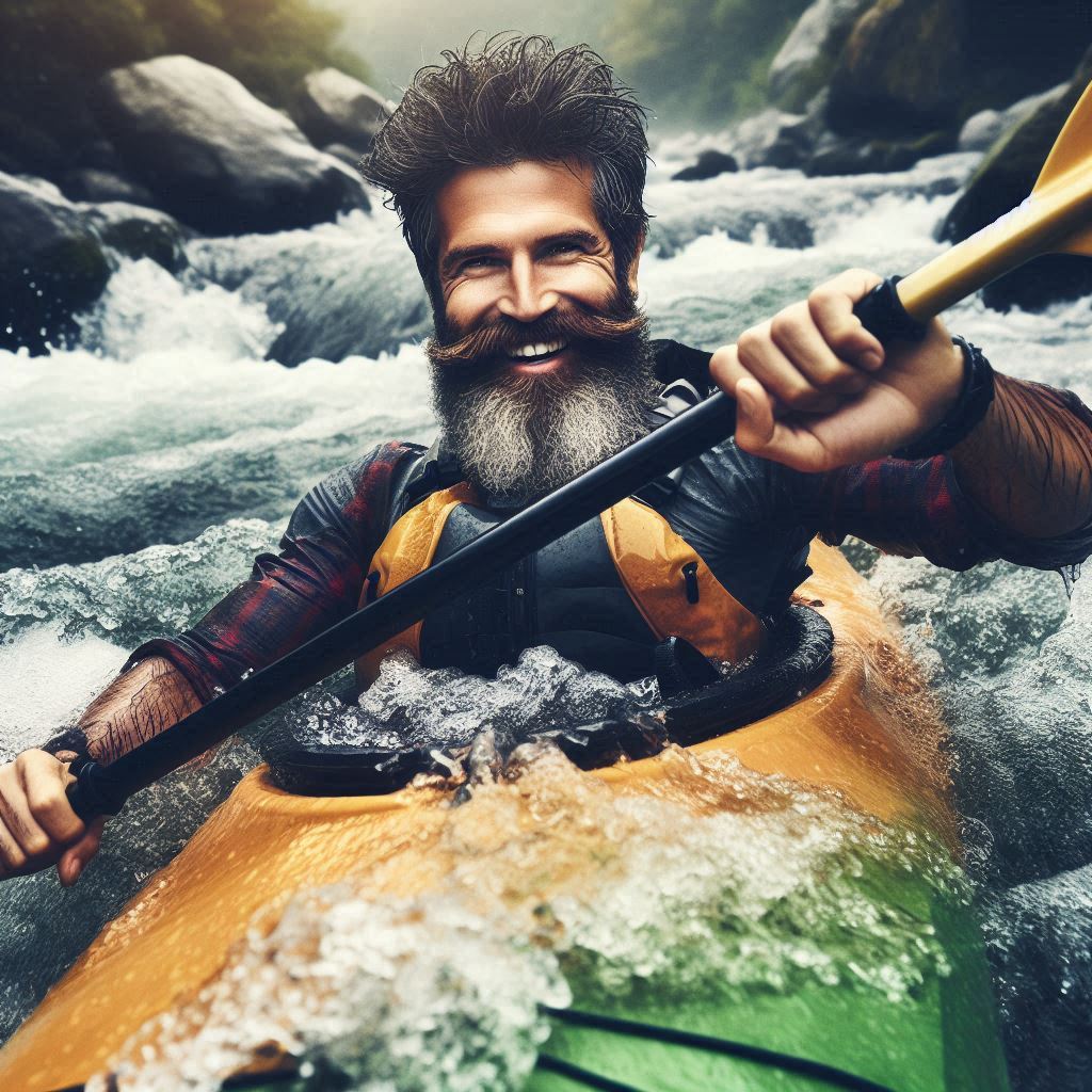 A happy man skillfully navigating treacherous rapids in a kayak