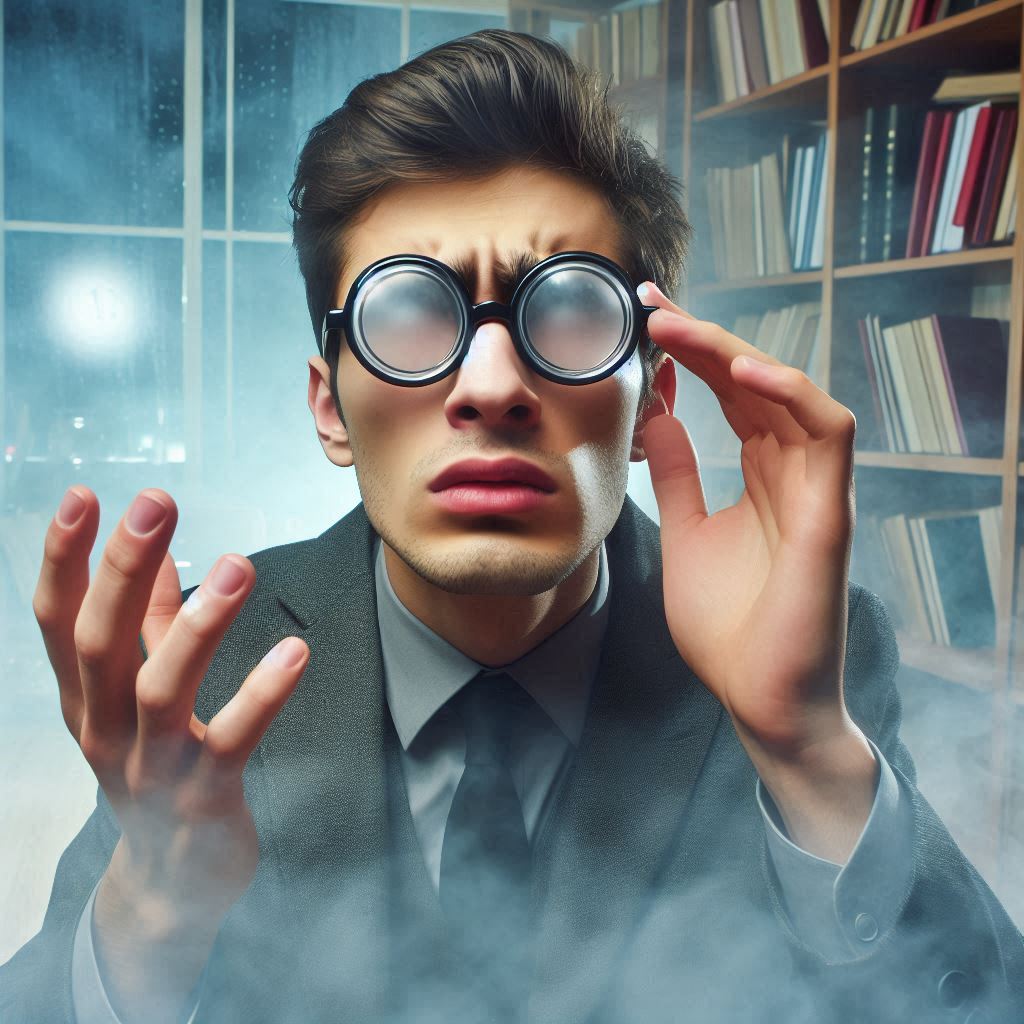 a man trying to focus through foggy lenses.